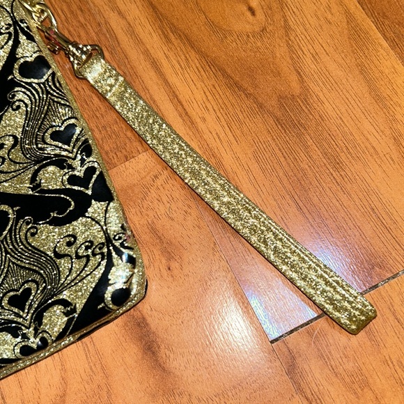 Anna Sui Black and Gold Glitter Double Wristlet Pouch